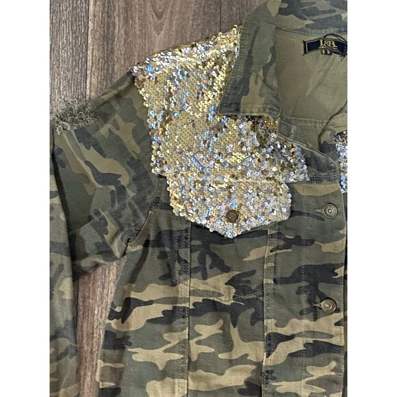 NEW L&B Lucky & Blessed Jacket Denim Sequin camouflage Womens S - Picture 2 of 9